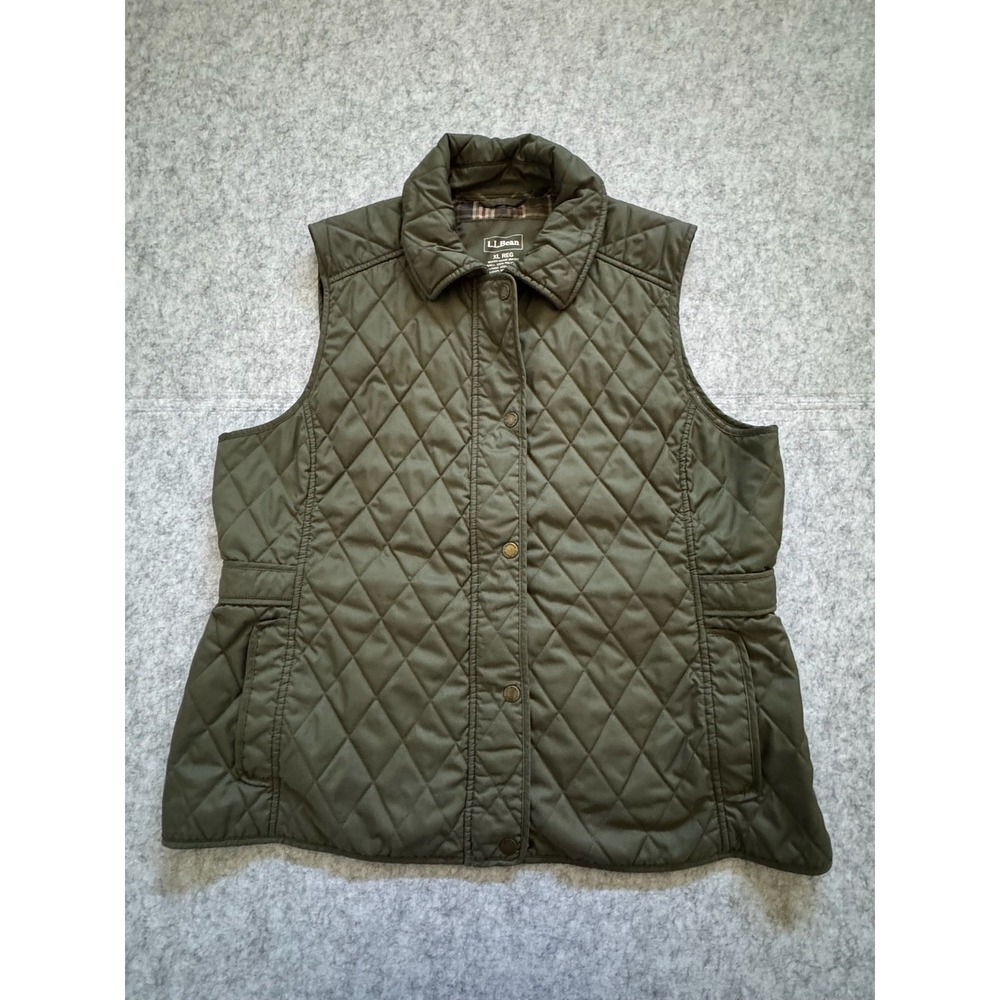 L.L.Bean Vest Womens XL Green Quilted Riding Snap Front Plaid Lined Insulated